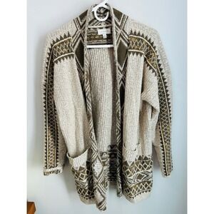 Lucky Brand Women's Open Front Aztec Knit Cardigan Duster Beige Green L/G